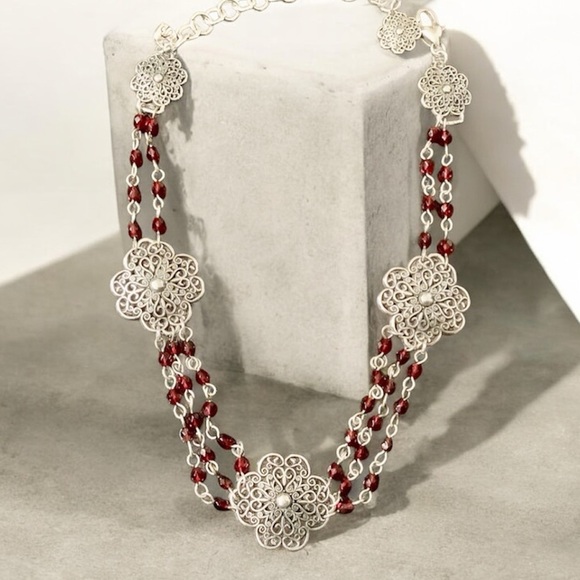 Brighton Silver and Red Floral Medallion Necklace, NWOT. Dust bag included - Picture 2 of 10